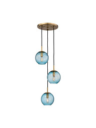 Rousseau 3-Light Pendant in Blue Glass and Aged Brass.